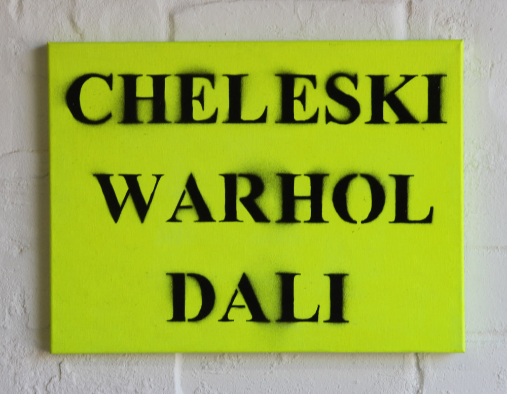 Carl Cheleski: Cheleski Warhol Dali, 2009. Enamel and acrylic on canvas. Series of 6 paintings, 31 x 41cm