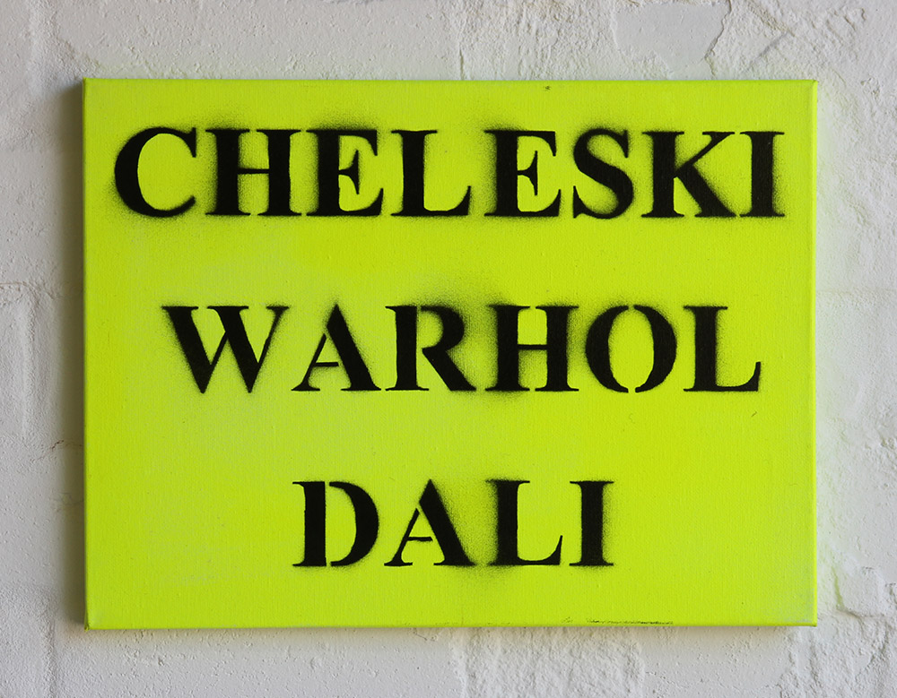 Carl Cheleski: Cheleski Warhol Dali, 2009. Enamel and acrylic on canvas. Series of 6 paintings, 31 x 41cm