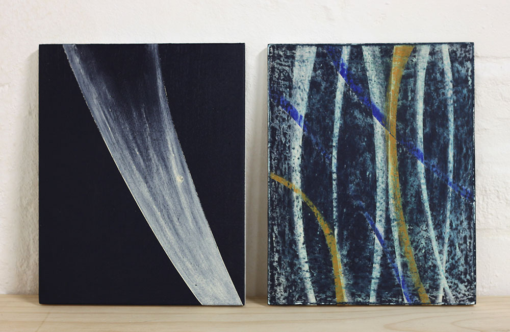 Elizabeth Pulie: Inhale and Exhale, 2012. Both acrylic and oil stick on board. Both 20cm x 20.5cm SOLD