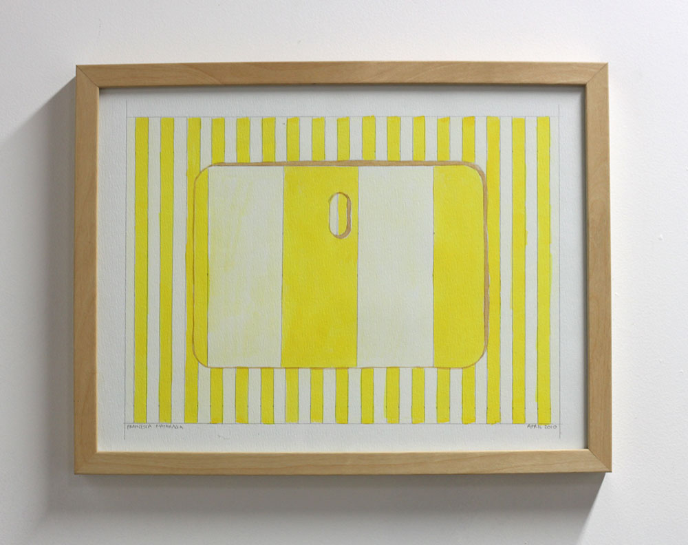 Francesca Mataraga: fragment from yellow (drawing with IKEA cork pot stand, wide and narrow yellow and white stripe), 2010, ink, gouache and watercolour on paper, 427mm x 330mm. SOLD