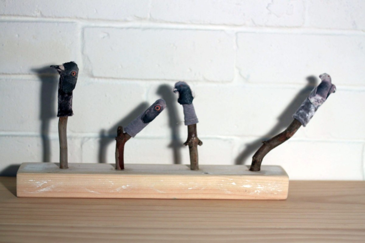 Josie Cavallaro Costumes for texting pigeons 2011 wood, fabric SOLD