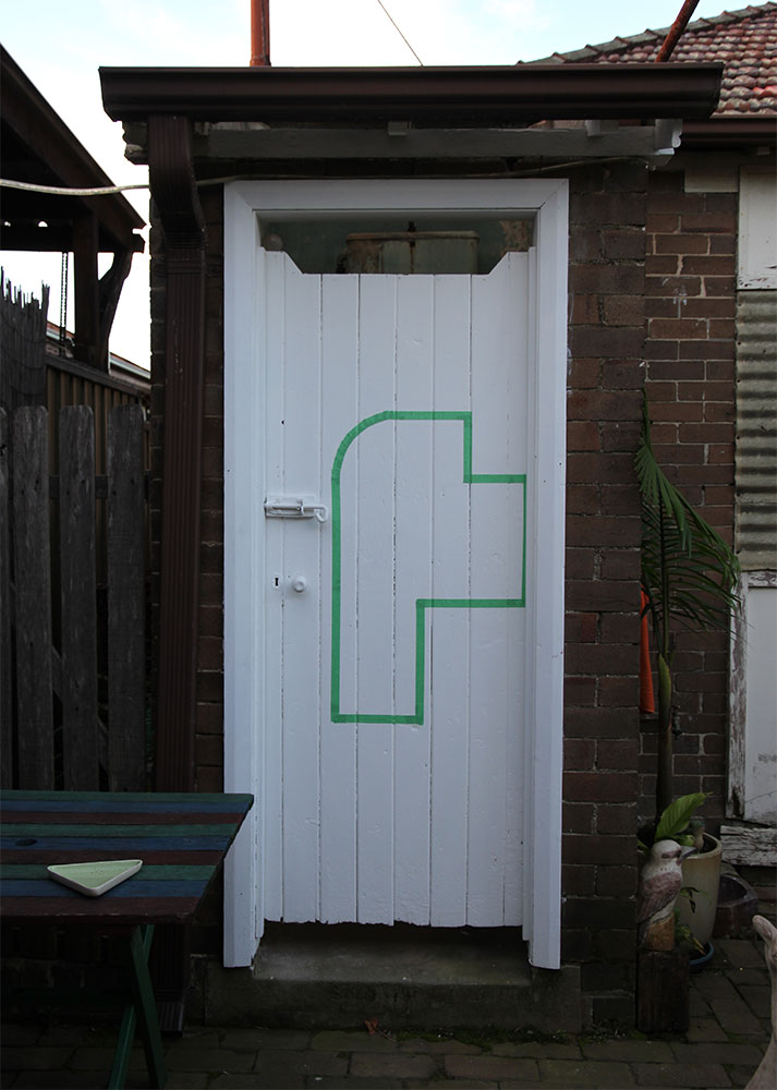Margaret Roberts: Architectural Composition with Backyard, 2013. Masking tape on wooden doors