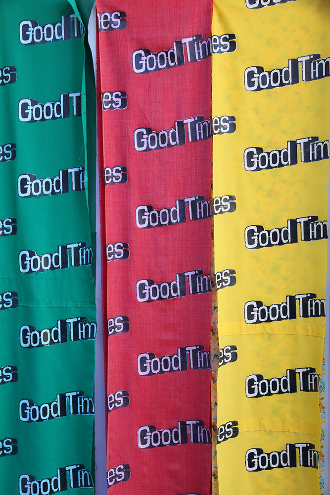 Sarah Nolan: Good Times (2013). Fabrics, acrylic paint, gloss-medium and varnish.