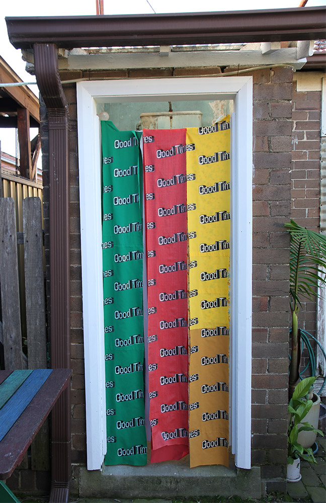 Sarah Nolan: Good Times (2013). Fabrics, acrylic paint, gloss-medium and varnish.