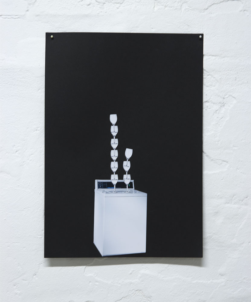 Josie Cavallaro: Spin, 2013. Washing machine, champagne glasses, sound, paper