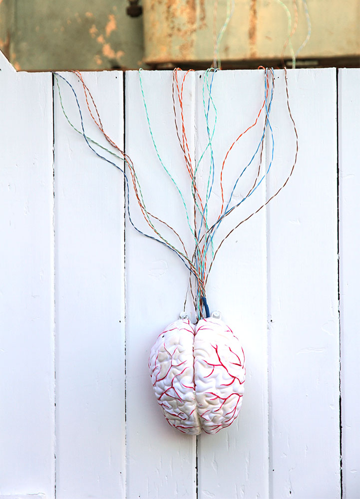 Gianni Wise: Spectres of the Spectrum, 2013. Plastic, resin, plastic coated wire, telecommunications cabling, acrylic paint, plasticine, portable radio, digital voice tracer, electricians tape. Audio sampling from "Tribulation 99", dir: Craig Baldwin, 1992.