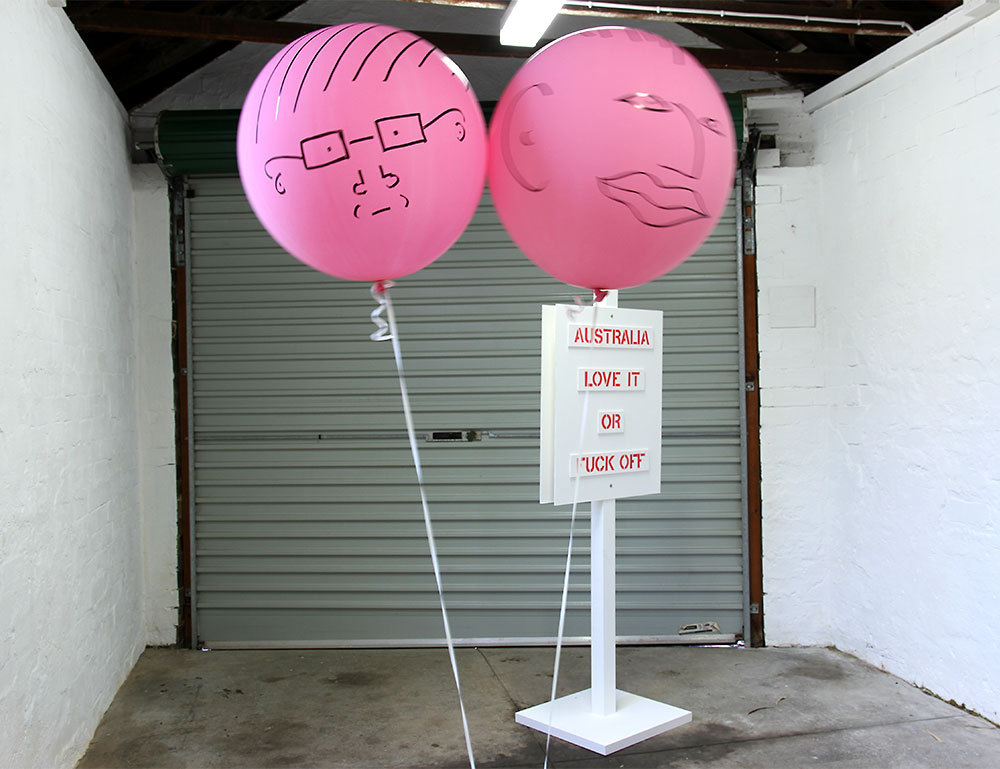 Jane Polkinghorne and Sarah Newall: Air Heads (2013). Texta on helium balloons