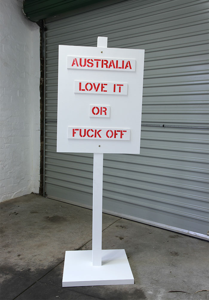 VP: Welcome to Country, (2013). Pine, MDF, masonite, balsa, acrylic undercoat, spray paint. Dimensions variable