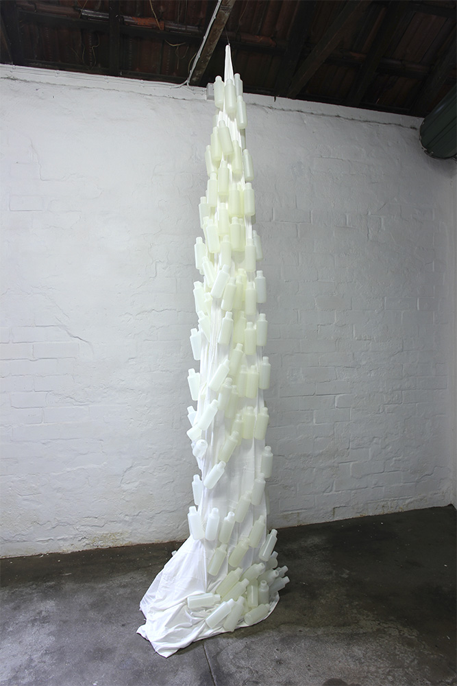 Annie Magdalena Lærkesen: Huna Te Kiri (Skin/ Hide), 2014, (Hanging Sculpture), installation view Lycra, plastic bottles