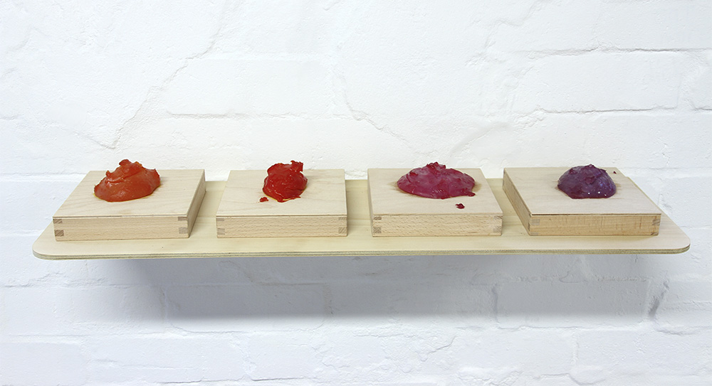 Sarah Newall: Plastic Blobs (orange, dark orange, red, dark red), 2014, bio-plastic