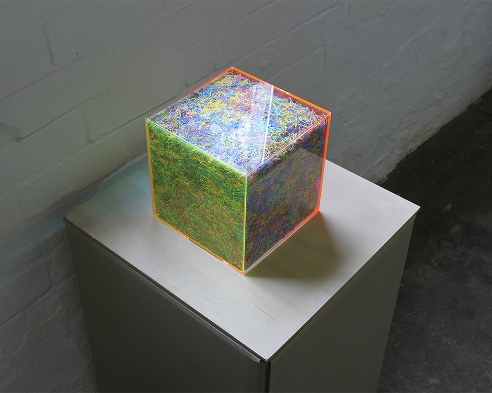 Mark Titmarsh: Looking through a piece of Plastic, 2014. Acrylic glass, plastic string, 20 x 20 x 20cm