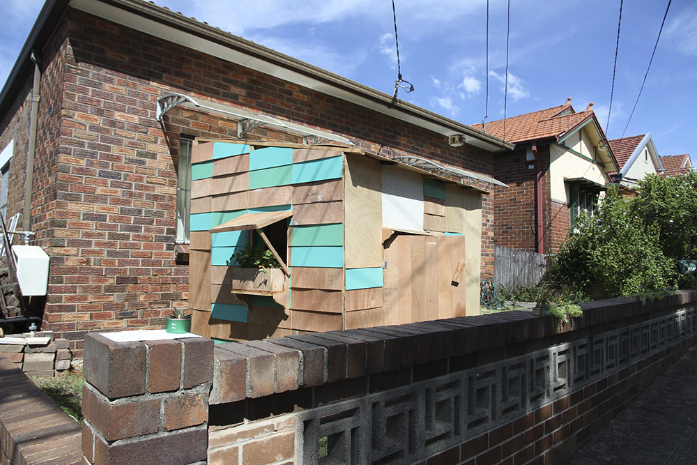 Sarah Newall: 'Girl Shed', 2014-2015. Found materials, paint.