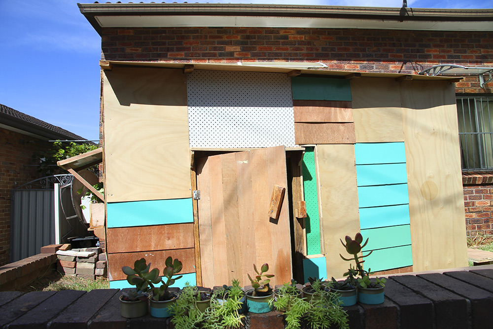 Sarah Newall: 'Girl Shed', 2014-2015. Found materials, paint.