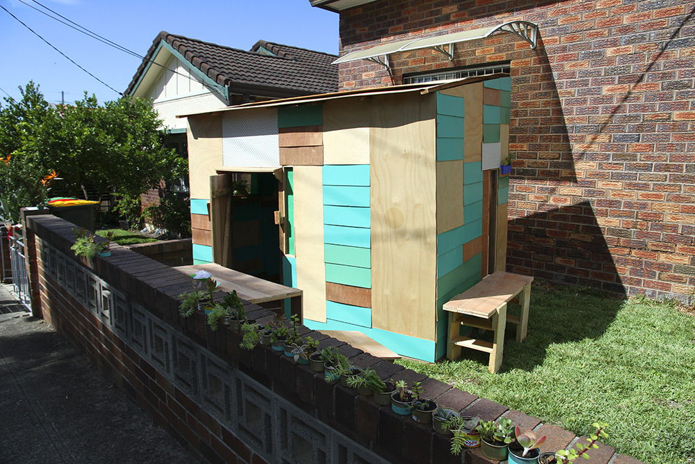 Sarah Newall: 'Girl Shed', 2014-2015. Found materials, paint.