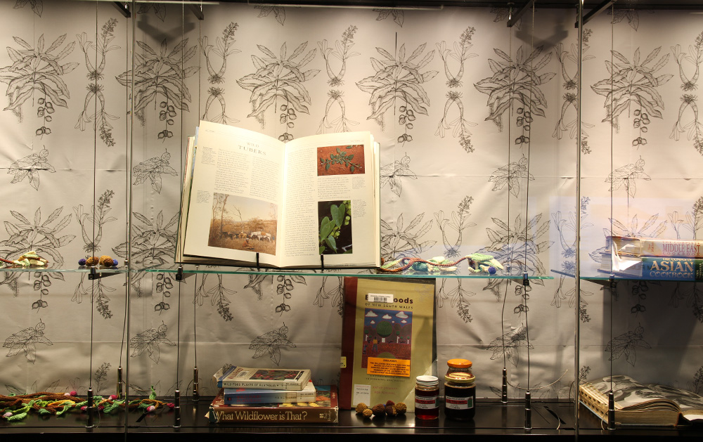 Sarah Newall "wild Food Project," 2015. Books, perseveres, yarn, seeds, photocopies, Femo.