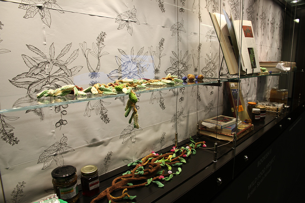 Sarah Newall "wild Food Project," 2015. Books, perseveres, yarn, seeds, photocopies, Femo.