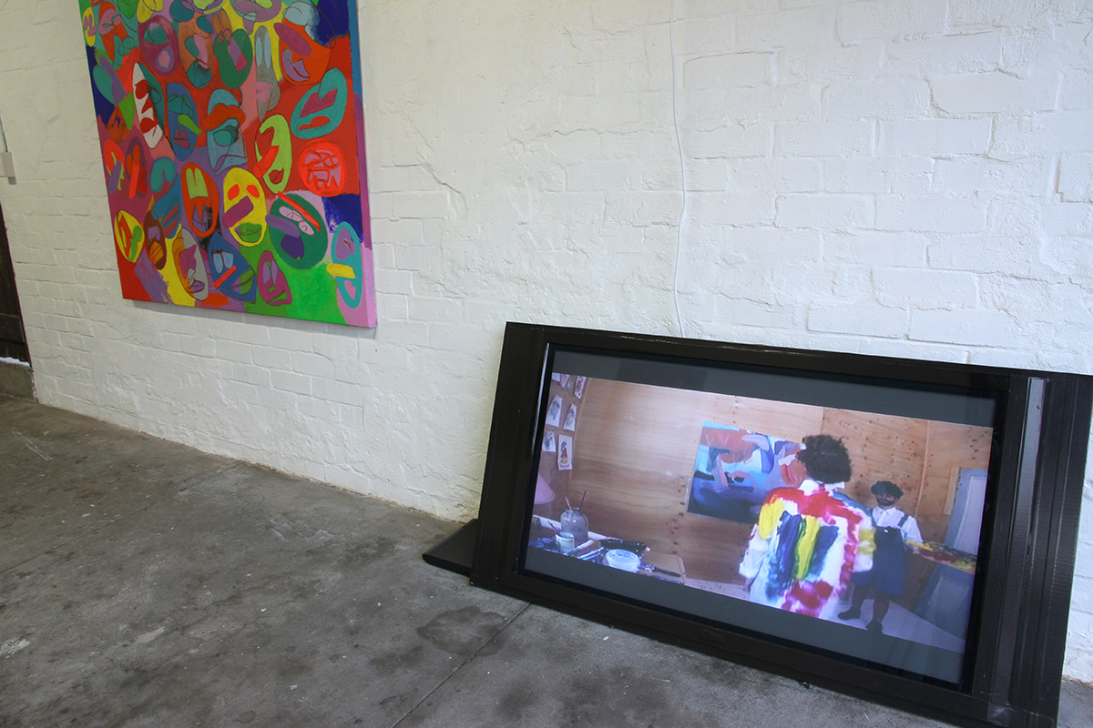 Prince Aydin, I have been here all along, acrylic on canvas 2016, and Paint Like A Man (Apparently), 2016, video, installation view