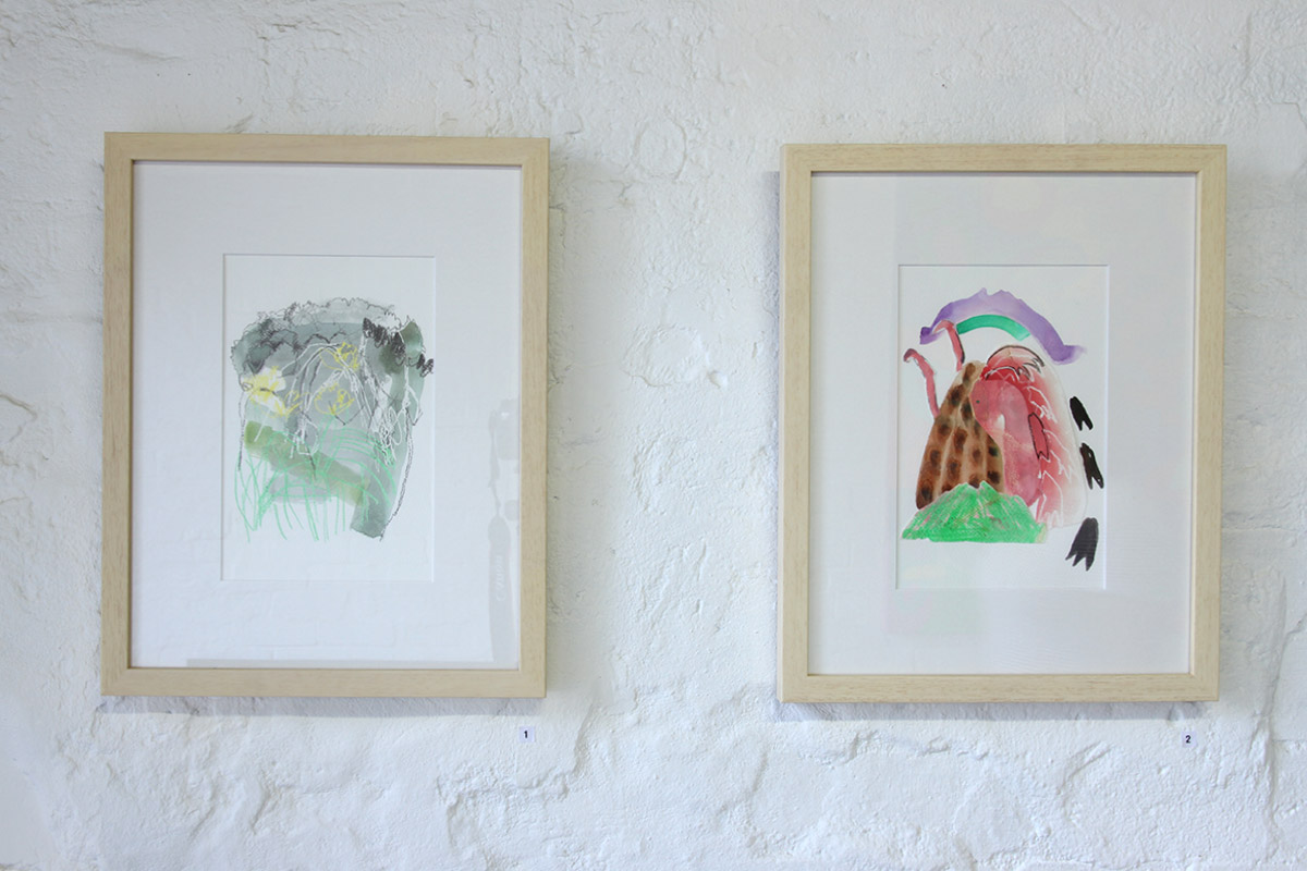 Madeleine Cruise, (left) A thousand places to hide, 2015, pencil, pastel, gouache on paper. (Right) Night time growls, 2015, pencil, pastel, gouache on paper.