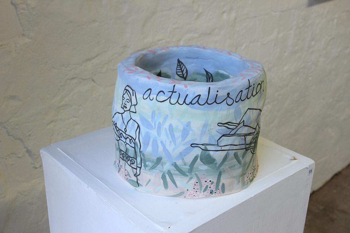 Jacqueline Larcombe, Self actualisation mug, 2015, earthenware, under glaze.