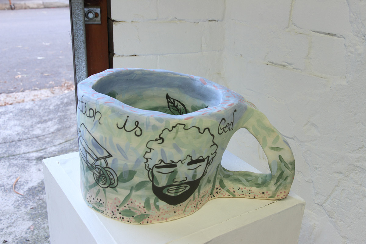 Jacqueline Larcombe, Self actualisation mug, 2015, earthenware, under glaze.