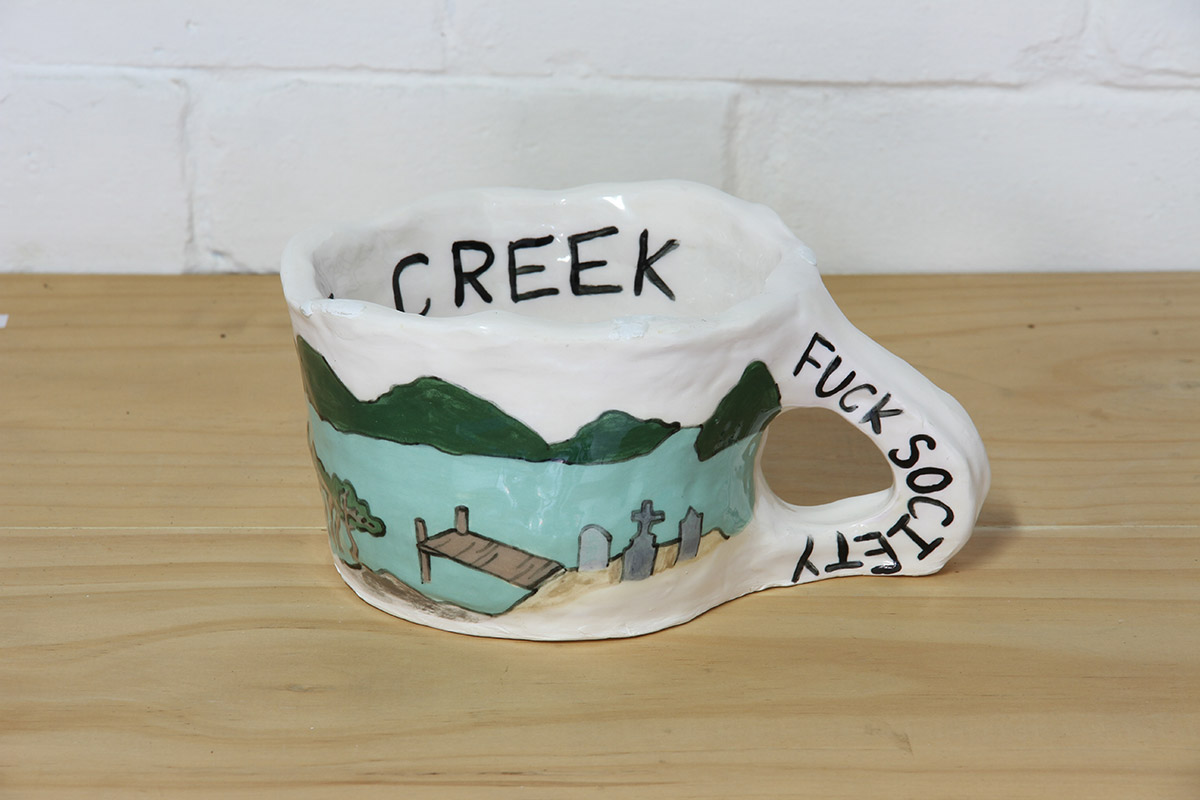 Jacqueline Larcombe, Fuck society mug, 2015, earthenware, under glaze.